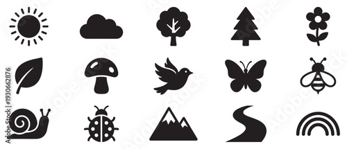 Nature icons collection featuring various elements and animals in a simple graphic style perfect for environmental, outdoor, and ecological themes.
