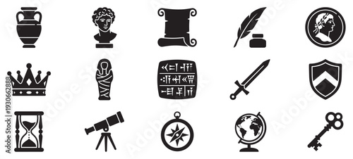 Ancient artifacts historical symbols and exploration tools are depicted in this collection of glyphs representing human history and discovery.