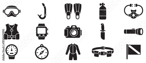 Scuba diving equipment and accessories collection of essential gear for underwater exploration and marine adventure, presented as black silhouette icons.