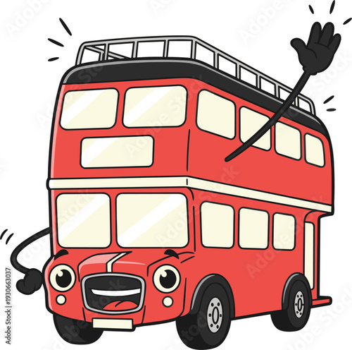 Friendly Red Double Decker Bus Waving Hello Animated Character Style