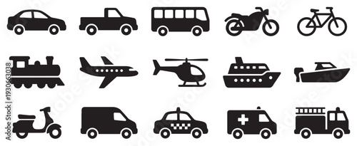 Various transportation vehicles and travel modes represented as simple black silhouette icons for modern design projects.