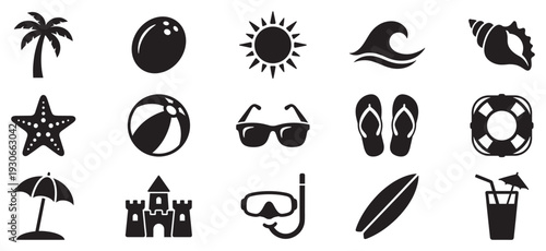 Summer beach vacation icons set with various holiday symbols like palm trees, sun, waves, and sandcastles for travel and leisure.