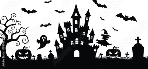 Spooky Halloween night silhouette with haunted castle, ghosts, pumpkins, bats, witch and graveyard for holiday party decoration and horror background, cad drawing flat vector illustration