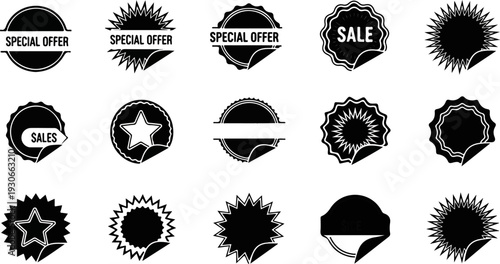 Collection of black and white circular and starburst sale and offer stickers