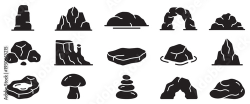 Rock formations and natural stone elements collection featuring various shapes and sizes in a minimalist flat design style.