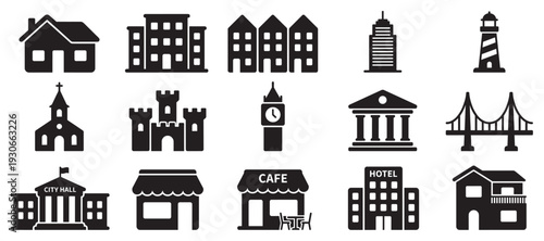 Building icons set collection includes various types of residential, commercial, and public constructions for diverse environments.