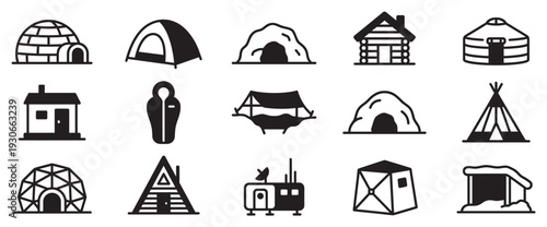 Collection of various shelters, dwellings, and camping icons representing different housing types and outdoor living.