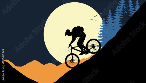 Silhouette of a mountain biker riding downhill against a large moon and pine forest backdrop