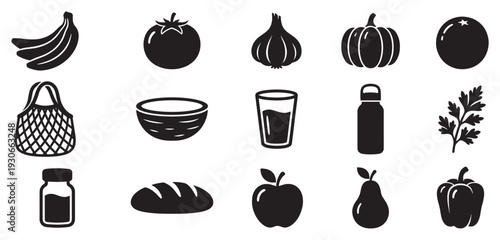 Various food and grocery items are displayed as simple black silhouette icons representing common household essentials.