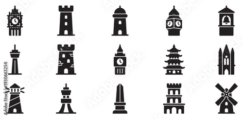 Various architectural landmark towers and buildings are illustrated as black silhouette icons in a diverse set.