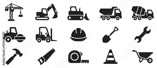 Construction equipment and tools icons set collection featuring various vehicles, machinery, and safety gear for building projects.