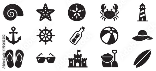 Beach and sea icons collection featuring various summer vacation symbols and nautical elements for travel and holiday designs.