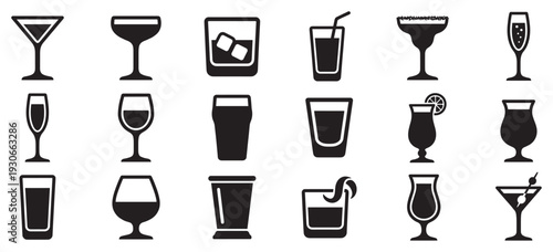 Drink glasses and cocktails icon set featuring a diverse collection of beverage containers for bars, parties, and celebrations.