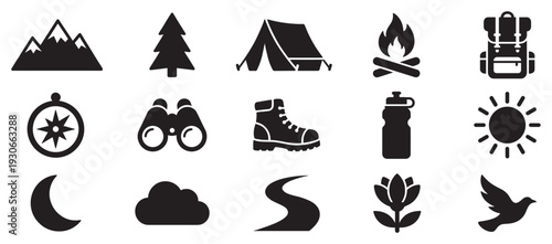 Outdoor nature adventure camping hiking travel icons set depicting various elements for exploration and wilderness activities.