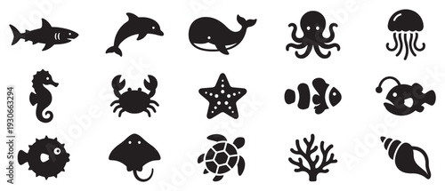Marine life icons set featuring various ocean animals and sea creatures in simple black silhouette illustrations for aquatic themes.