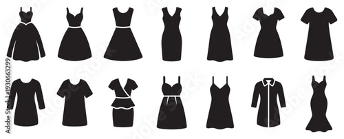 Women's dresses silhouettes collection showcasing various styles of elegant female apparel for fashion, design, and retail.