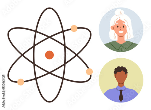 Science, education, teamwork, collaboration, innovation, diversity. Atomic structure with electrons and two diverse individuals in separate portraits. Science and education teamwork concept