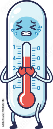 Sad Thermometer Character Crying Cold Temperature With Red Liquid In Glass Tube And Arms Crossed Over Chest