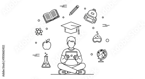 Student learning online with digital tablet and educational symbols.