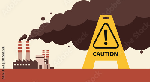 Factory pollution with caution sign, industrial smog, environmental hazard