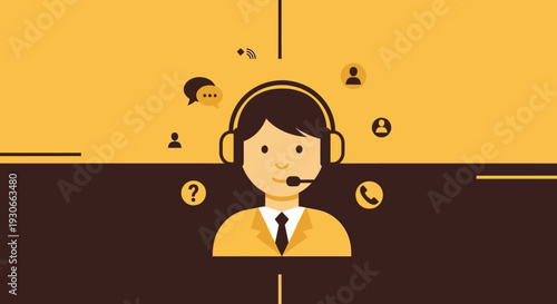 Customer service operator with headset and communication icons