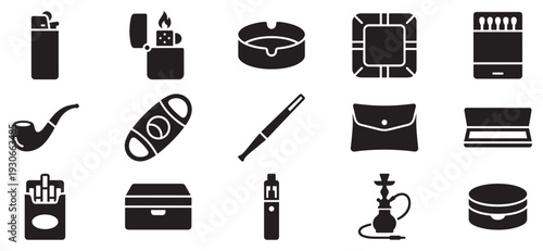 Smoking accessories and tobacco products icon set featuring various items for tobacco and vape consumption in a modern style.