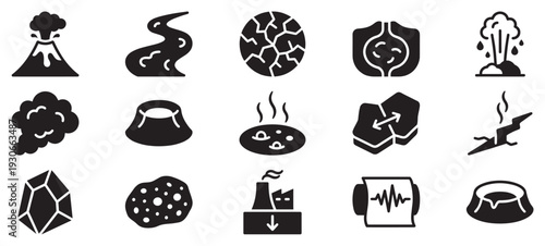 Geological and natural disaster phenomena icons collection representing earth science concepts and environmental events.