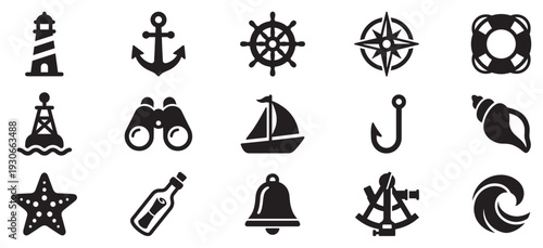 Nautical icons and marine symbols collection featuring various elements representing sea travel, ocean exploration, maritime adventures, and coastal life.