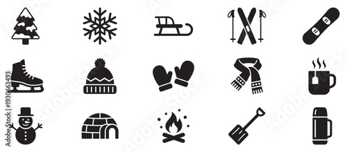 Winter icons collection featuring various cold weather activities and seasonal elements for graphic design projects.