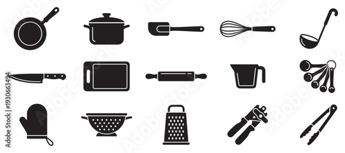 Kitchen utensils and cooking equipment icons set for culinary, food preparation, and restaurant business needs.