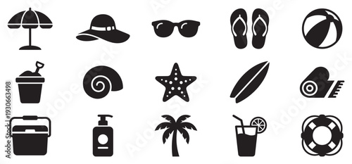 Beach and summer vacation icons collection featuring essential holiday elements like umbrellas, flip-flops, and sunglasses for tropical getaways.