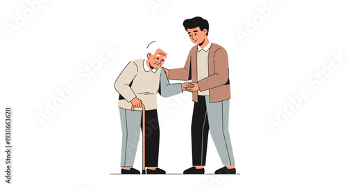 Young man helping elderly woman with cane on white background