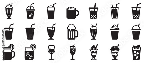 Beverage icons collection featuring various refreshing and sweet drinks, including milkshakes, smoothies, and cocktails, in a simple silhouette style.