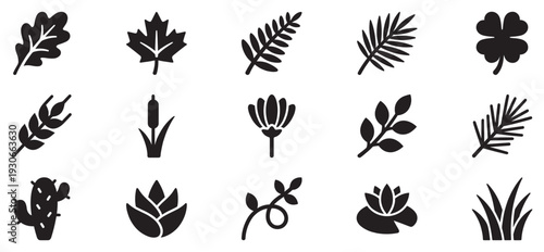 Various plant and nature icons representing diverse botanical elements and flora in a simple silhouette style.