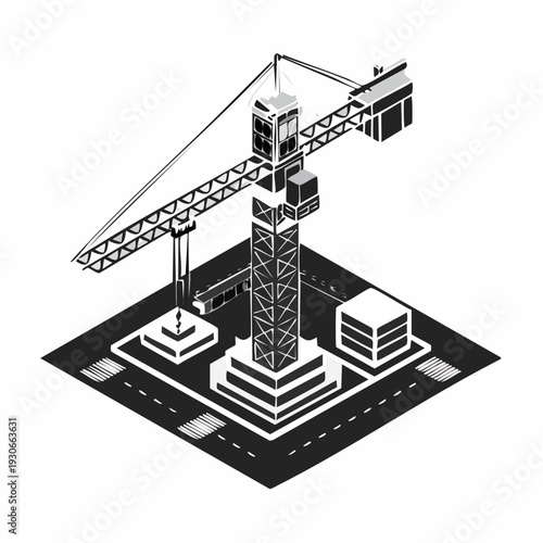 Isometric illustration of a construction crane on a building site.