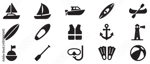 Water sports and boating icons set vector collection displays various marine equipment and leisure activities for summer.