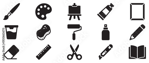 Art and craft supplies icons set featuring various creative tools for artistic projects and school activities.