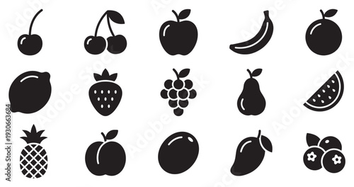 Various fruit icons representing healthy food choices and nutrition in a clean, modern black silhouette style suitable for digital design projects.
