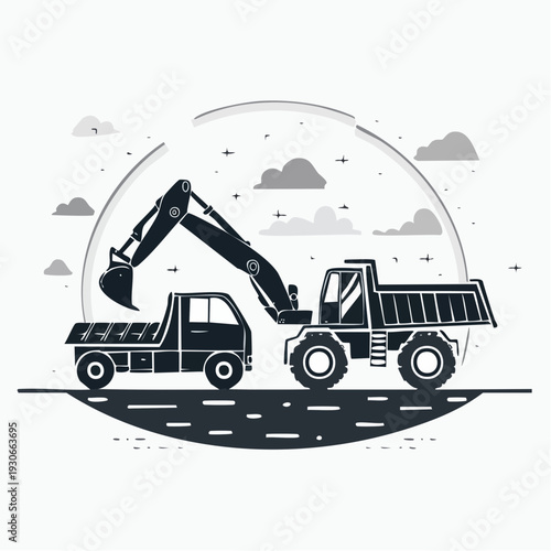 Heavy Machinery Excavator and Dump Truck on Road Construction Site.