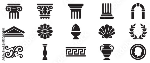 Collection of classical Greek and Roman architectural and cultural symbols, including columns, arches, and decorative elements.
