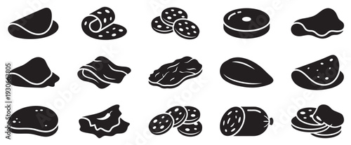 Various meat and deli product icons are presented in a collection of black silhouettes for food and grocery designs.