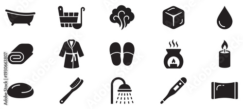 These bath and spa hygiene icons represent various elements for personal care, relaxation, and wellness activities.