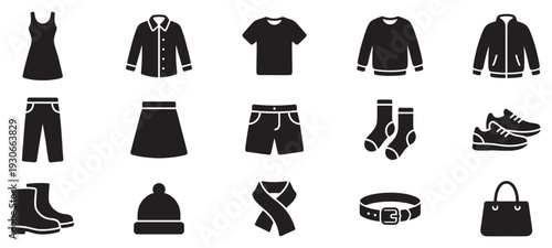 Various clothing items and fashion accessories collection icons are neatly arranged in a grid, representing a diverse wardrobe for everyday wear.