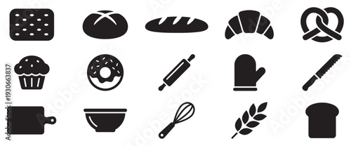 Various baking and bakery items icon collection set representing essential tools and delicious treats for homemade cooking.