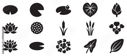 Aquatic plants and water lily icons featuring a diverse collection of pond flora silhouettes, ideal for nature-themed designs and illustrations.