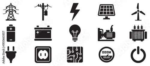 Electricity and energy icons collection representing various power sources, generation, storage, and consumption elements in a modern graphic style.