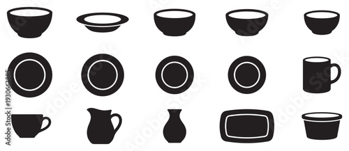 Kitchenware and tableware icons set featuring various dishes, bowls, cups, and plates in a simple black silhouette style.