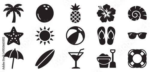 Summer beach vacation icons collection features various tropical holiday elements and symbols representing travel and leisure activities.