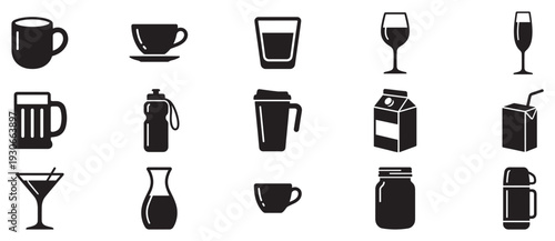 Various drinkware and beverage containers icons set in a clean, modern, minimalist style, perfect for web design and graphic elements.