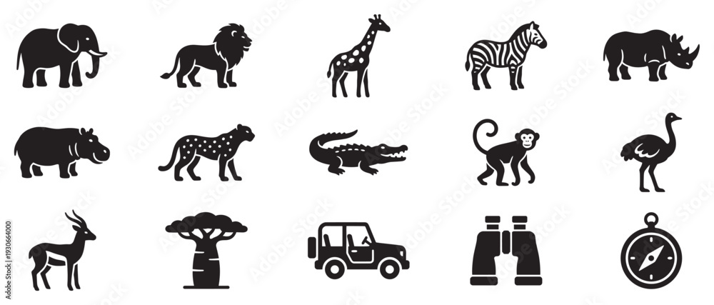 Naklejka premium African safari animals and elements icons collection representing wildlife, adventure, and exploration in a minimalist black silhouette style.